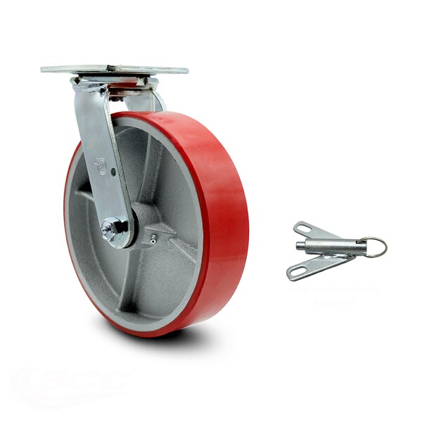 8 Inch Red Poly on Cast Iron Swivel Caster with Ball Bearing and Swivel Lock SCC